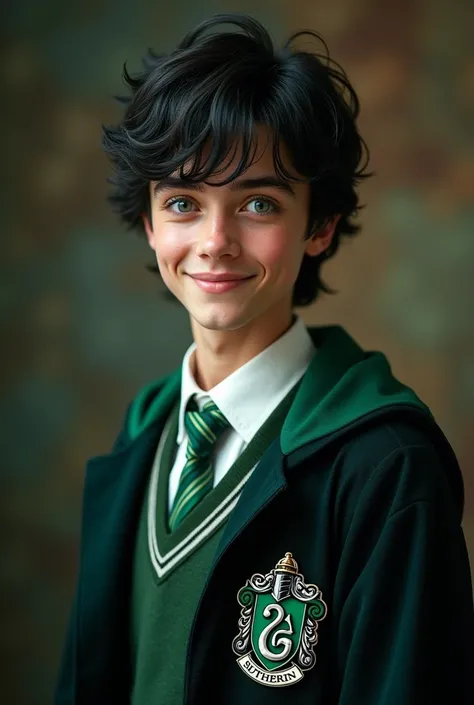 Handsome 1 man, Black hair, blue right eye, left eye green, smiling, uniforme de Slytherin, real 