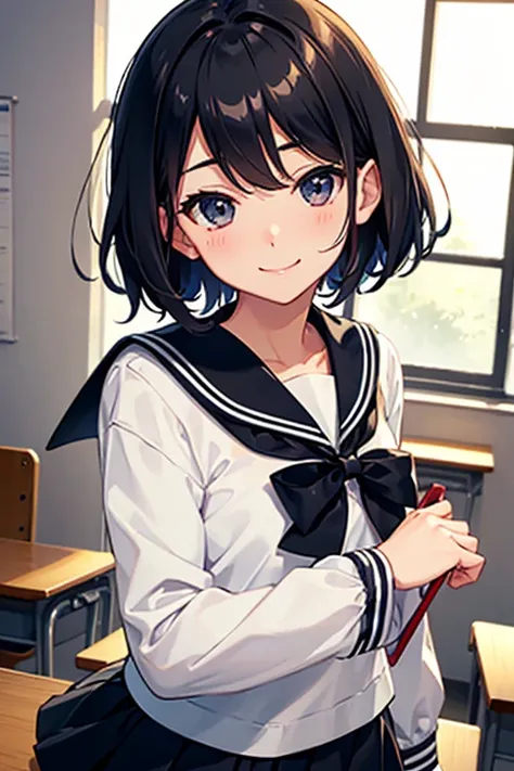 beautiful,high school, , happy, shy, hopeful, intelligent, smiling, flushed face, standing, looking at viewer, short hair, black hair, black eyes, eyes open, jitome, short, frilled clothing, , mini skirt, sailor uniform, , japanese, in the classroom, in th...