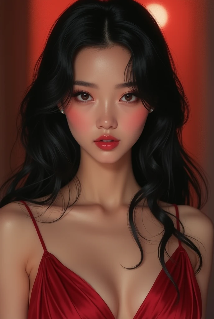 Asian model girl with long, beautiful black hair, fair skin, red dress for a party, face like Kanki