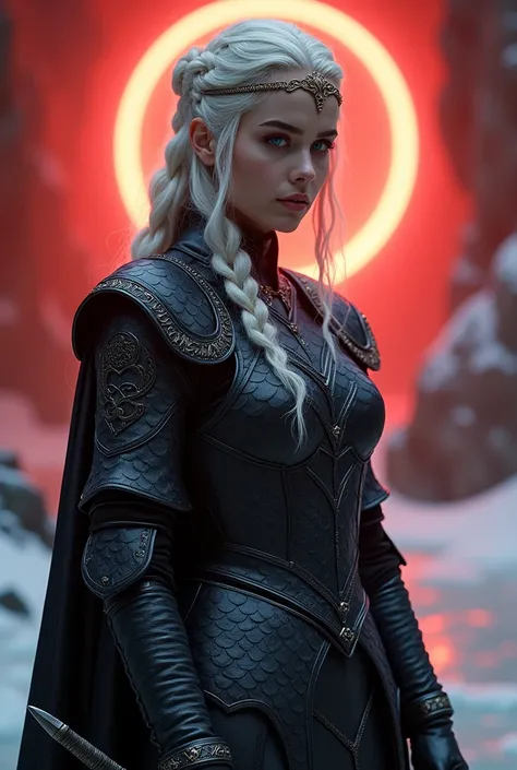 A silver-haired velaryon and the most beautiful of the seven kingdoms,  with wavy white hair,side braids,beautiful colar, Targaryen women hairstyle,beautiful gold tiara, Red and black dress, ((better qualitative)) , (detailed), Visenya Targaryen Dazzling, ...