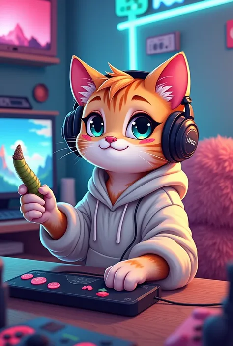 Cute stoned girly cartoon cat gamer with joint 