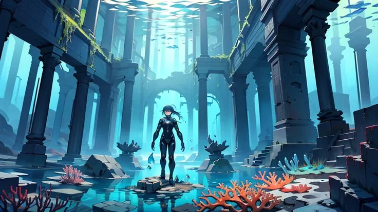 (UHD, masterpiece, high quality, high details, 16k, 1 girl, upper body, detailed Face, detailed eyes), A deep underwater scene showcasing the lost city of Atlantis. Towering coral-covered structures and massive ancient statues rise from the seabed, surroun...