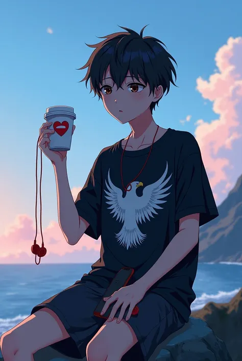 An anime boy alone and in one hand a cup ❤️‍🩹printed emoji and  second hand phone and wired headphones, boys tshirt colour is black with 🦅 print and Background sea with clouds colour sky blue and purple pink mix and boy seat on mountain