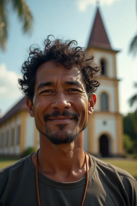 A picture of your father&#39;s friend, a Papuan man with curly hair, against the background of the church