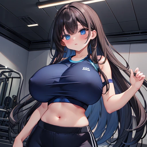 Gorgeous fit, Unreasonably overinflated、Extremely oversized、Young girl with ridiculously huge breasts, Gym Wear, Dark blue crop top, Black Pants, Long, lush brunette hair, Big beautiful blue eyes,