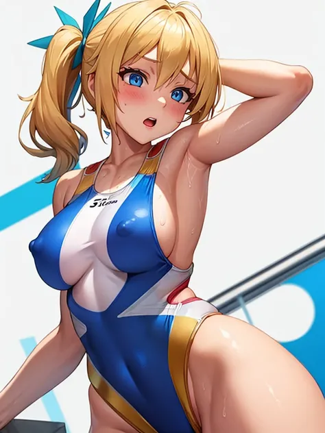  (White background, 1girl:1.4), BREAK,Long blonde hair, blue eyes,Narrow waist,voluptuous Breasts,(one-piece competitive swimwear,one-piece competition swimsuit:1.6), blush,Open your mouth,(covered nipples:1.2)