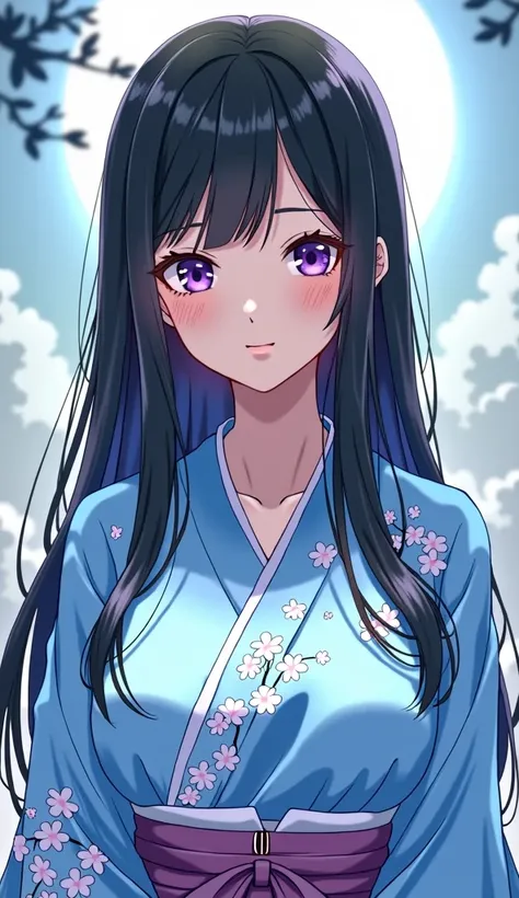 Solo, Long Hair, Breasts, Black Hair, Masterpiece, Parted Bangs, Straight Hair, Large breasts, Smile, Purple Eyes, Light Smile, Anime Style, sky blue kimono with moonflower with its stem and leaves pattern