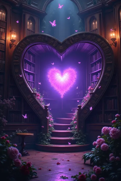 Heart as a room with dark aesthetics a library and at center a purple light emerging with butterflies and flowers