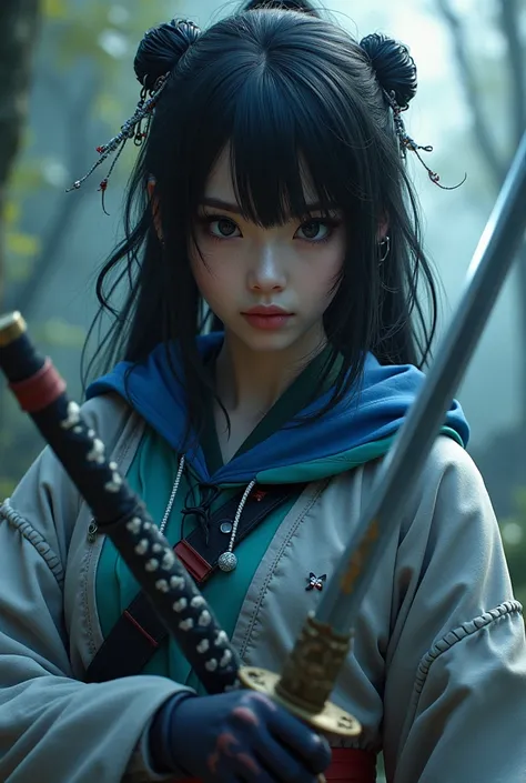 1girl, beautiful detailed eyes, beautiful detailed face, beautiful detailed lips, long eyelashes, black hair, short hair,  traditional Japan outfit katana sword, teenage, jrpg, boots, anime, aapi, 4k, hyper detailed, photorealistic, cinematic lighting, dra...