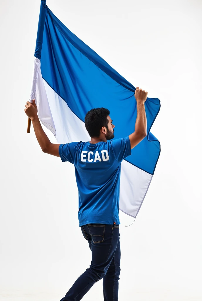 Young man carrying the blue, white and blue flag and with the letters ECAD on the back of his shirt image without background 