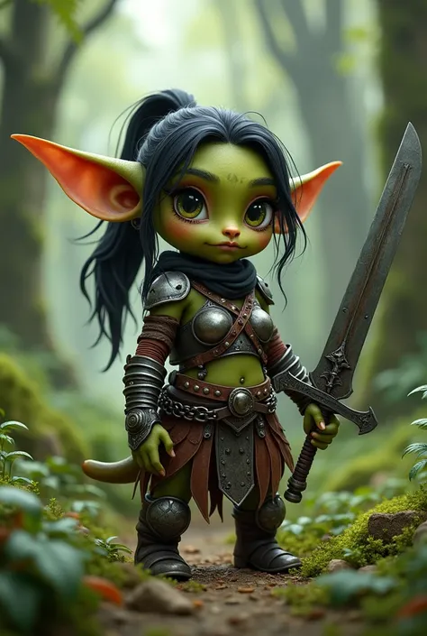 (Cute Female Goblin warrior, 35", green textured skin, long ears, long nose,small breast,black ponytail), ultra-realistic,chain-mail skirt,metal armor, metal bra with leather straps, with a broken/half of a great-sword, ((in a forest )) 8k, High Resolution