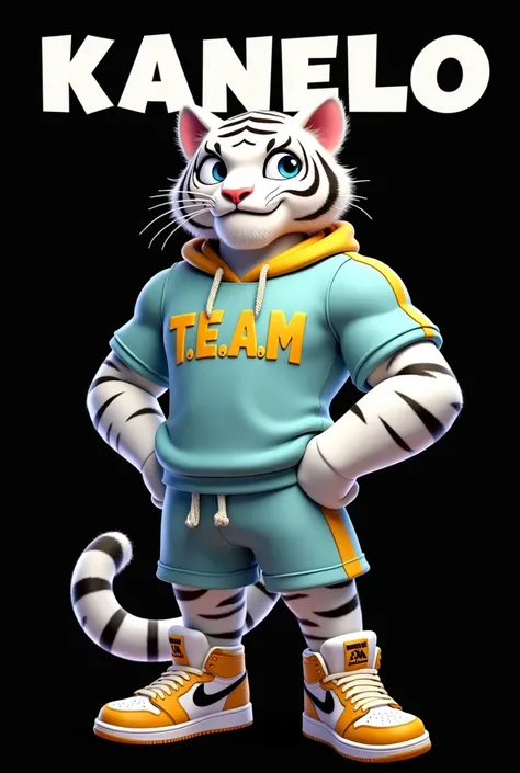  An animated white bengal tiger character named Kanelo. The tiger is muscular, he has baby blue eyes, with a determined expression, and is dressed in casual cool clothing, including baby blue & gold shirt with T.E.A.M. On the front, shorts, and Jordan 1’s ...