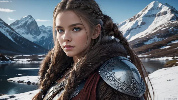 a beautiful viking woman, 1girl, detailed face, beautiful eyes, mesmerizing gaze, long hair, intricate braids, fur cloak, ornate armor, holding sword, on a snowy mountainous landscape, (best quality,4k,8k,highres,masterpiece:1.2),ultra-detailed,(realistic,...