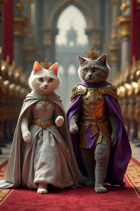 Two anthropomorphized cats on a royal catwalk, a dress like a queen with a silver cape and tiara, and the other as a king with a purple robe and silver armor. Both walk in a medieval castle setting with majestic columns in the background and golden guards ...