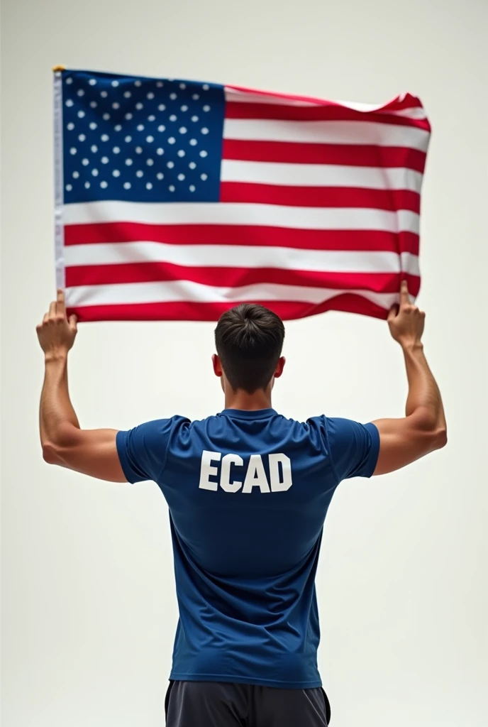 Young man carrying the blue white and blue vertical flag and with the letters ECAD on the back of his shirt image without background 