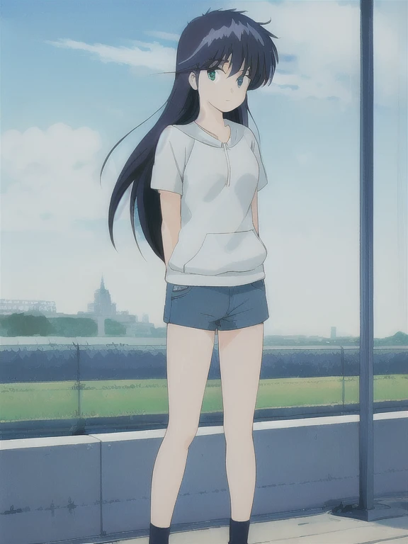 (((masterpiece))),16k,best quality, illustration,madokaayukawa,1girl, long hair, blue hair ,aqua eyes, black hoodie, blue denim jeans, long pants, tennis shoes, daytime, train station, facing viewer