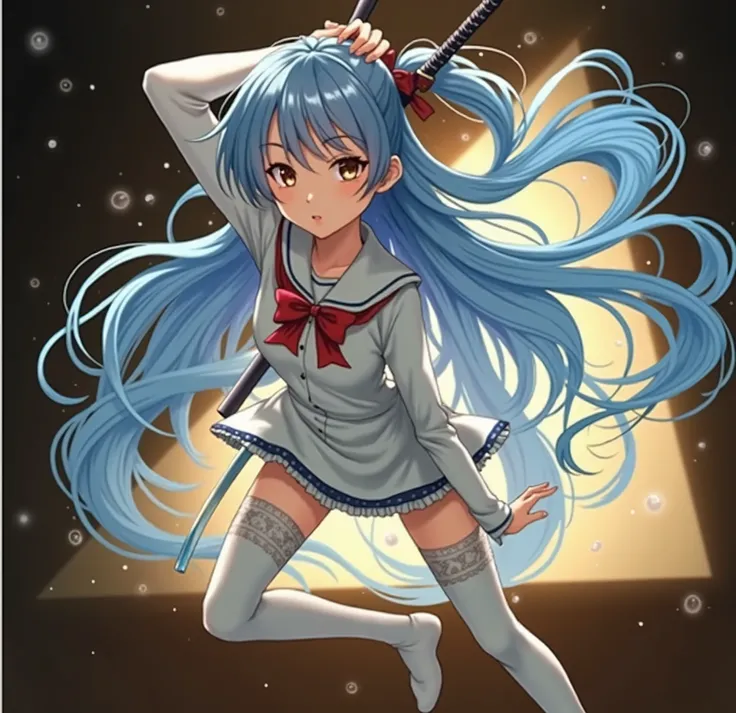 woman, Beautiful long blue hair, anime,Katana,long sleeve school uniform,White stockings with lace,I tied a red bow.
