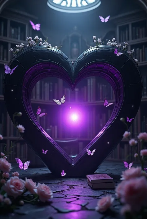 Heart as a room with dark aesthetics with black  library and at center a purple light emerging with butterflies and flowers 