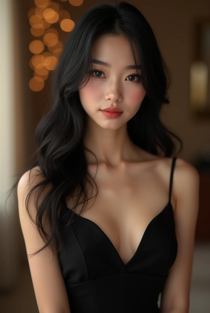 Asian model girl with long, beautiful black hair, fair skin, wearing a black dress to go to a party, likes to sing, her color is not the same as before, her face is like Nong Belle.
