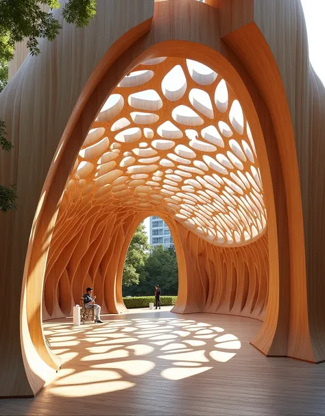 Ultra-realistic conceptual photograph of a temporary open-air event space in a residential area of central Tokyo, designed by Zaha Hadid. The structure features a striking lattice of oblong panels made from cross-laminated cedarwood, arranged in a fluid, o...