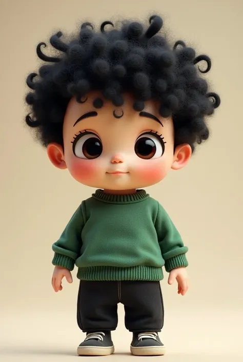 Plush doll of a boy with curly black hair, a green sweatshirt and black pants