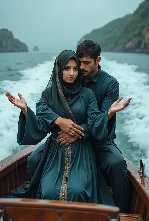 On a speed boat in the see a 2 man and a 2 woman, woman is showing her hands like a plan or bird,raining, he is holding and hugging her from back, both are wearing Islamic dress,both are wet,rain falling on them, picture was taken from front both are looki...