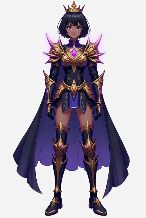 1girl, black women Short Hair, Short Hair, Bangs, Black Hair, a princess Crown and purple armor enchanted accessories and armor boots RPG character design sheet 90s anime style 