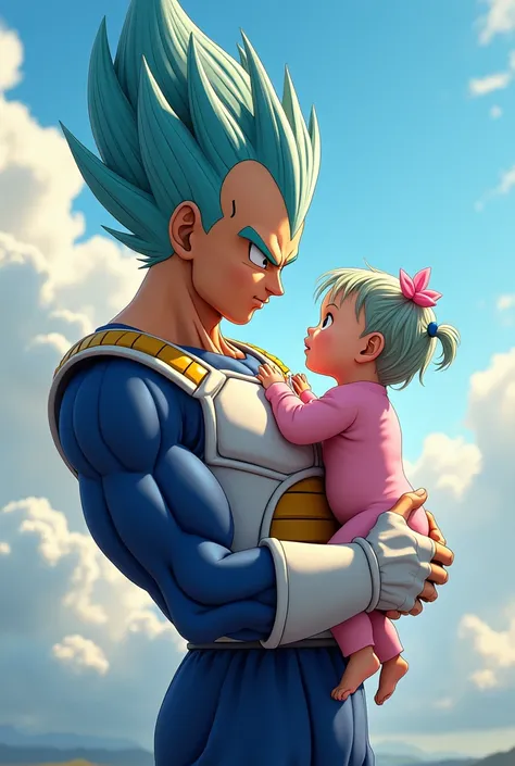 Vegeta, with his characteristic pride and serious expression, holds his little daughter Bulla in his arms, who is a baby with light blue hair and two small pigtails that frame her angelic face. Bulla wears a small warrior outfit, similar to her fathers, bu...