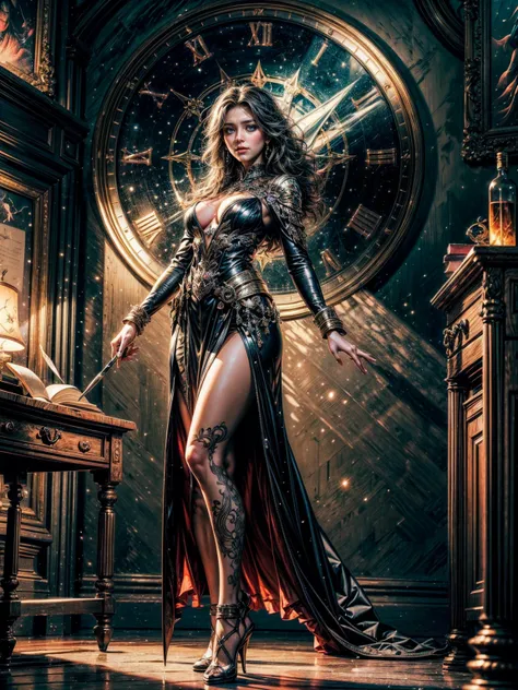 An ultra-realistic and ultra-detailed (Legendary Multicolored Psychedelic Masterpiece), ((full body portrait)), (Cowboy_shot, full length image:1.2) , best quality,She is a Gorgeous Magical Alchemist casting a spell with her hands, a very noble Caucasian l...