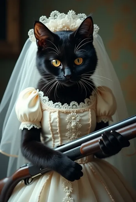 I want a black cat looking like a bride and also looking very cute and hunter eye and having a shotgun in his hand