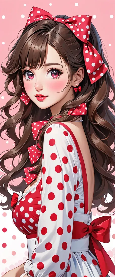 a person in a cartoon drawing wearing a red bow with a big pink dot on the middle of the bow, 1girl, solo, polka dot, cleavage, long hair, bow, polka dot bow, hair bow, breasts, looking at viewer, red bow, lips