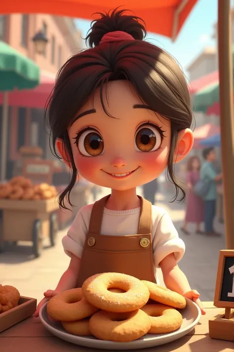 a girl selling a circle cookies
