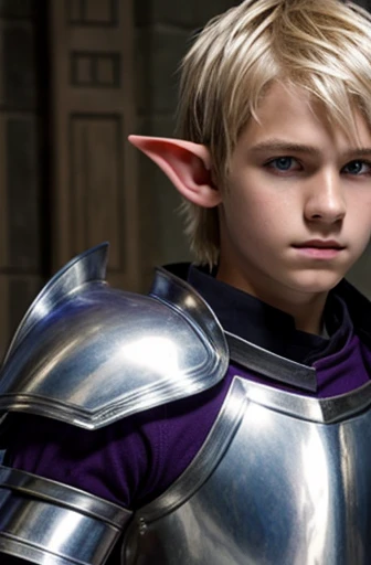 A young 1 teenage boy, slight elf ears, his hair is glowing blonde, glowing silver and purple armor, silver and purple eyes, sword in his hand, holy knight, fantasy holy knight 