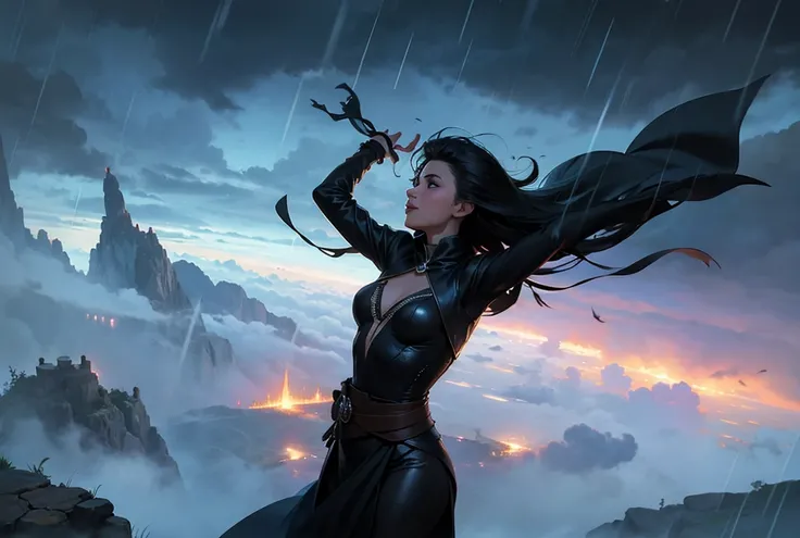 Female villain flying above the sky, looking below the village, far away from the village, two hands like pushing the rain below, silhouette, above her is the dark clouds, raining 