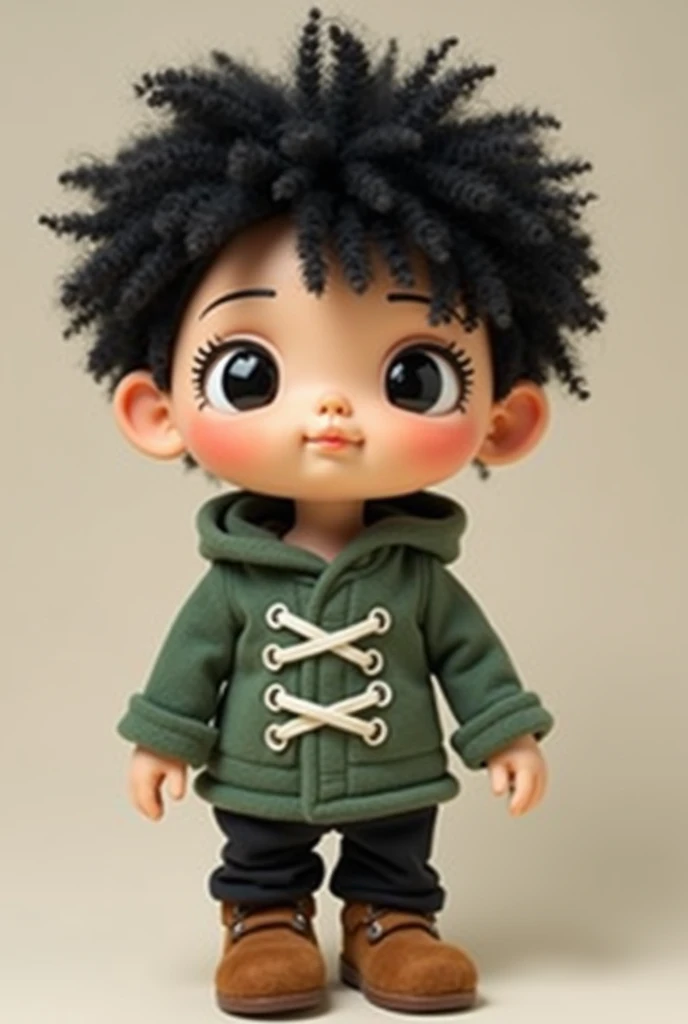 Plush doll of a boy with curly black hair, black eyes, a green hoodie, white laces and thin black pants