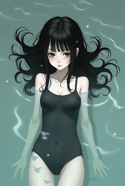 teenage girl, long black hair, She is wearing a two-piece swimsuit, depressed, with dark circles, is submerged in the water of a pool, black and white drawing with few details