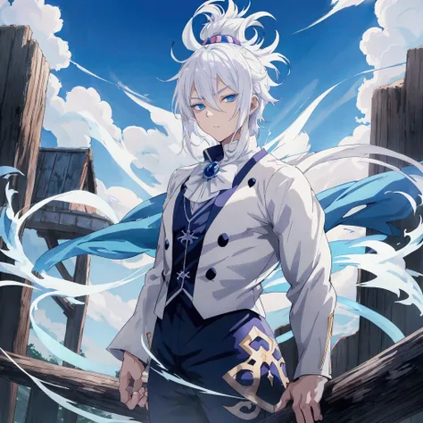 anime character with white hair and blue eyes standing on a wooden platform, handsome guy in demon slayer art, 4 k manga wallpaper, anime style 4 k, male anime character, 4k anime wallpaper, anime art wallpaper 4k, anime art wallpaper 4 k, anime art wallpa...