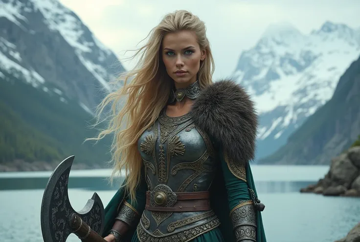 A majestic Viking warrior maiden with long, flowing golden hair and piercing emerald eyes, adorned in intricately crafted armor and carrying a mighty battle-axe, stands confidently amidst a backdrop of rugged fjords and snow-capped mountains, her fierce de...