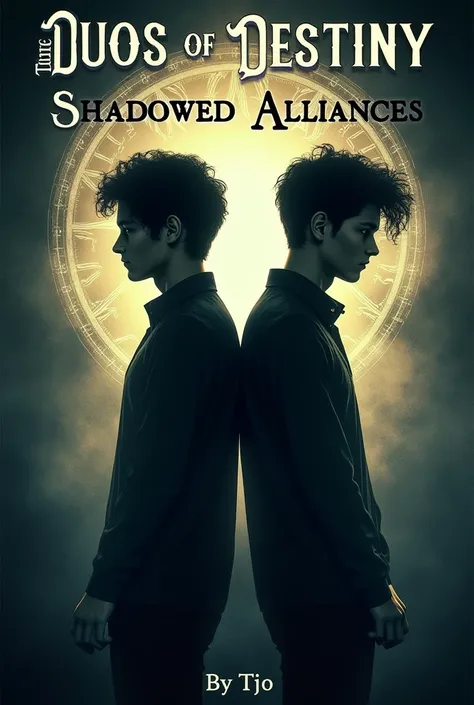 How about a cover with the title "Duos of Destiny: Shadowed Alliances" by Tijo displayed prominently above the silhouettes of the two teenage male protagonists standing back to back amidst a backdrop of mysterious symbols and shadows? This design could enc...