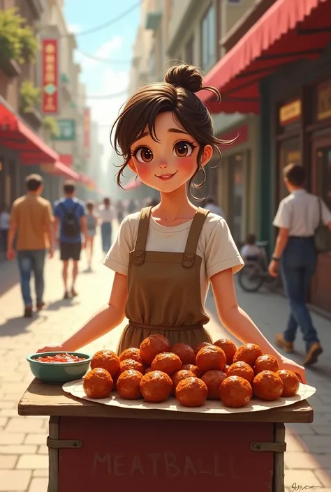 a girl selling meetball