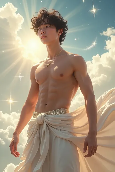 Young man, teenage boy, Korean boy, Japanese teenage boy, very handsome face, 15 year old boy, looking straight ahead, big sparkling eyes, proud of his own body,  male teenager, very perfect body, wearing a white short cloth like a Greek god, very white sk...