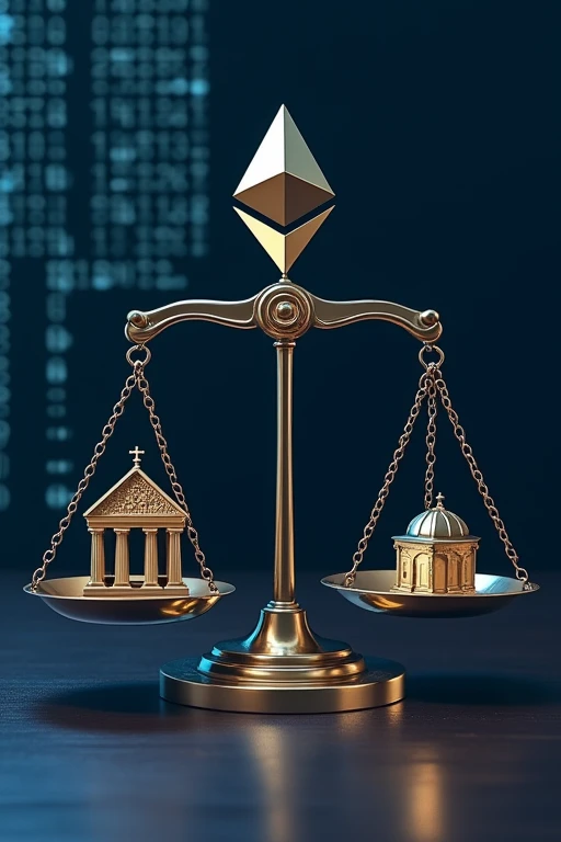 Visual metaphor of a balance scale, with Ethereum logo outweighing traditional financial institutions, surrounded by binary code and stock market tickers, minimalist design