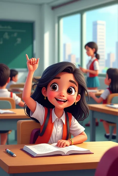 Kids cartoon Radhha Studying in the City School**:
   - **Prompt**: "In a modern classroom with desks neatly arranged, Radhha sits in the front row, raising her hand confidently to answer a question. The room is filled with students, all wearing uniforms, ...