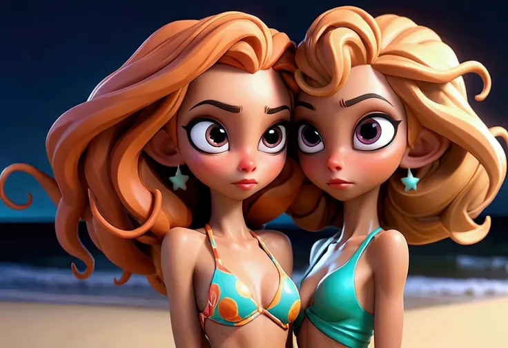 a cute 2 girl in a bikini walking along a beach at night, camera angle is low and behind her focusing on her butt, a pair of tentacle aliens stalking her, UFO in the distance, detailed face and body, beautiful detailed eyes, beautiful detailed lips, extrem...