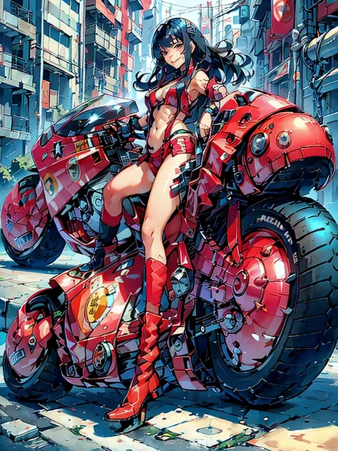 woman、Early 20s、Cyberpunk、Wicked Smile、Black Hair、Long Hair、Multicolored Hair、Purple Eyes、Bust Up、sexy、sexyなポーズ、Tight combat suit、Riding a yellow bike、R-18
