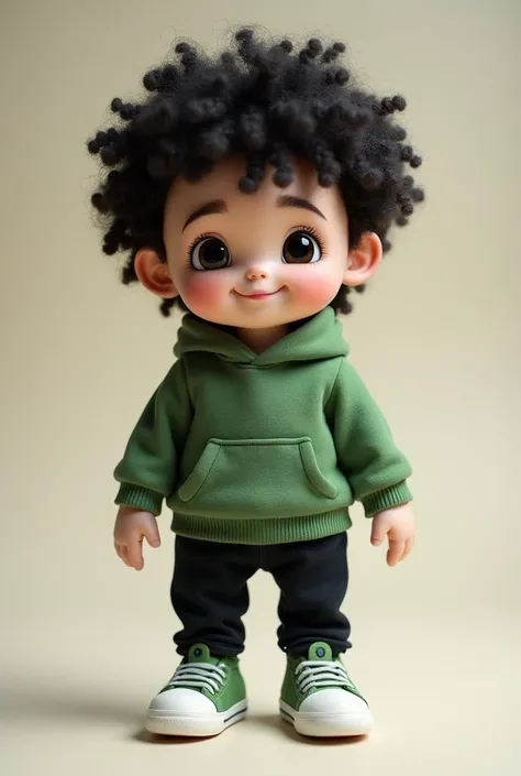 Plush doll of a boy with curly black hair, black eyes, a green hoodie and thin black pants, green and white tennis shoes