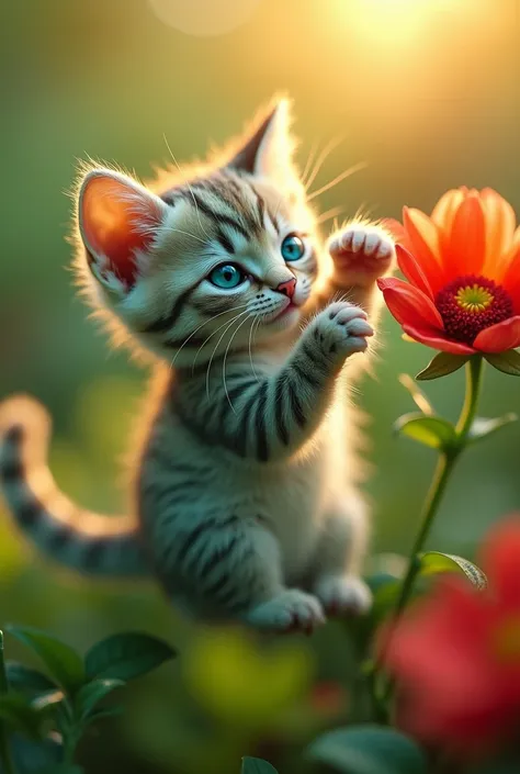 A highly detailed, creative close-up shot with a shallow depth of field, featuring a tiny cat, exactly six centimeters long, with soft, iridescent fur in shades of green and blue. The tiny cat hovers gracefully near a bright red flower, its paws outstretch...