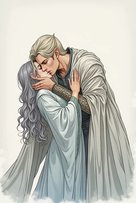 beautiful drawing , long elven robes,a very handsome male elf mage, Avallac&#39;h, beautiful eyes smart , light hair below the shoulders combed back, elven, Royal, long clothes, sharp cheekbones, sunken cheeks, triangular face. straight nose, stands in a s...