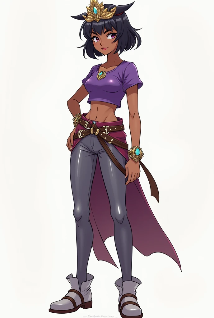 1girl, black women Short Hair, Short Hair, Bangs, Black Hair, a princess headband and purple short sleeve shirt   brown belt enchanted accessories and a pants  metal  shoes 
ts RPG character design sheet anime  and branclet jewelry dnd 