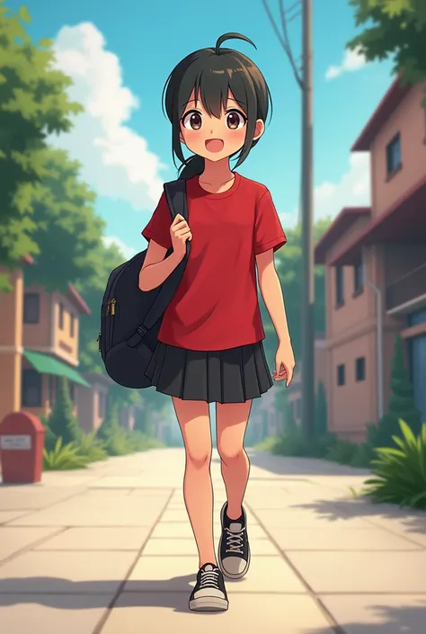 student bring bag and already go to school with a red t-skirt